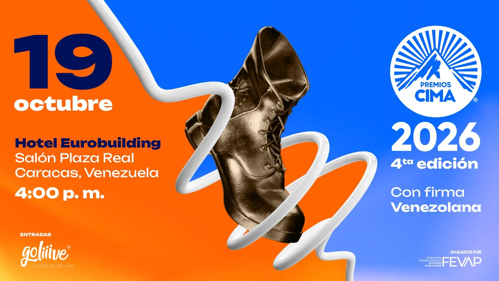 Pieza gráfica de Premios CIMA 2026, 4ta edición, con el trofeo de la bota dorada y los datos del evento: 19 de octubre, Hotel Eurobuilding, Caracas, bajo la premisa "Con firma venezolana"